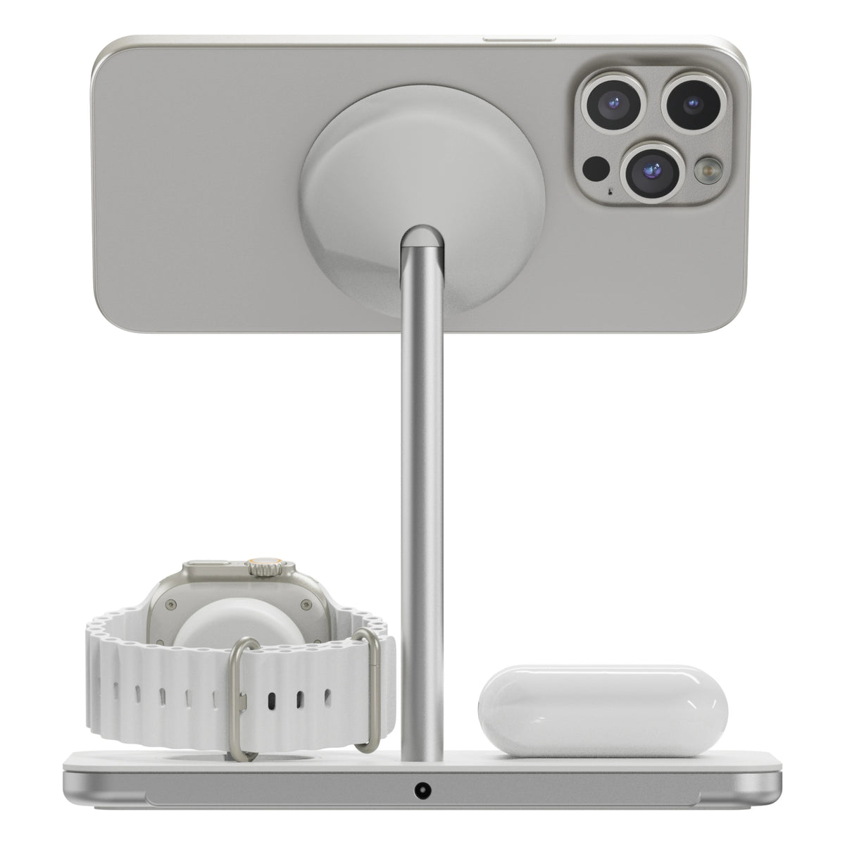 Linq 3-i-1 Qi2 trådløs opladningsholder til iPhone, Apple Watch og AirPods med MagSafe-magnetholder og Qi2-opladning.