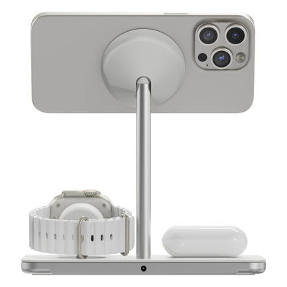 Linq 3-i-1 Qi2 trådløs opladningsholder til iPhone, Apple Watch og AirPods med MagSafe-magnetholder og Qi2-opladning.