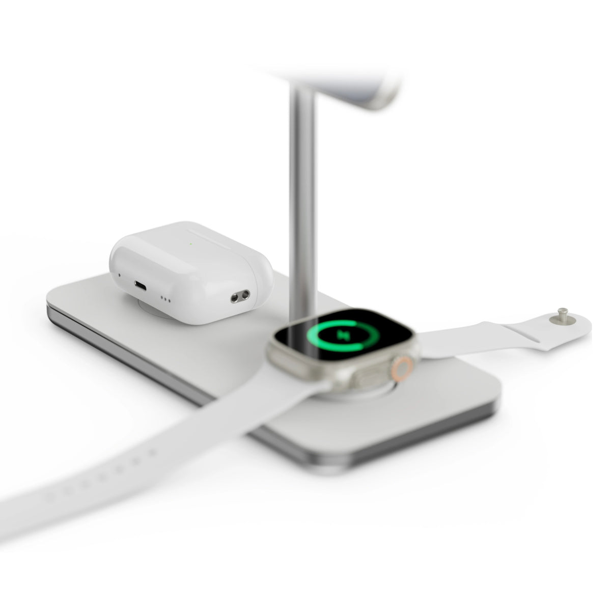 LINQ 3-i-1 Qi2 trådløs opladestation til iPhone, Apple Watch og AirPods med smartwatch og trådløse øretelefoner.
