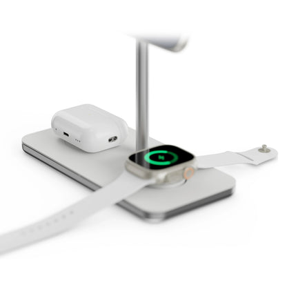 LINQ 3-i-1 Qi2 trådløs opladestation til iPhone, Apple Watch og AirPods med smartwatch og trådløse øretelefoner.