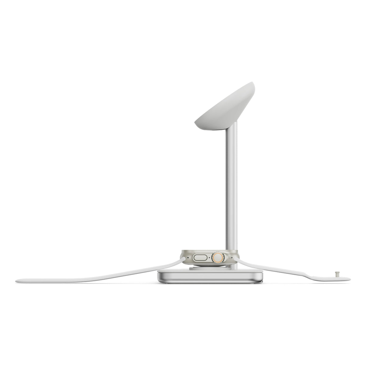 Linq 3-i-1 Qi2 trådløs opladningsstation til iPhone, Apple Watch og AirPods med magnetisk holder og opladningsplade.
