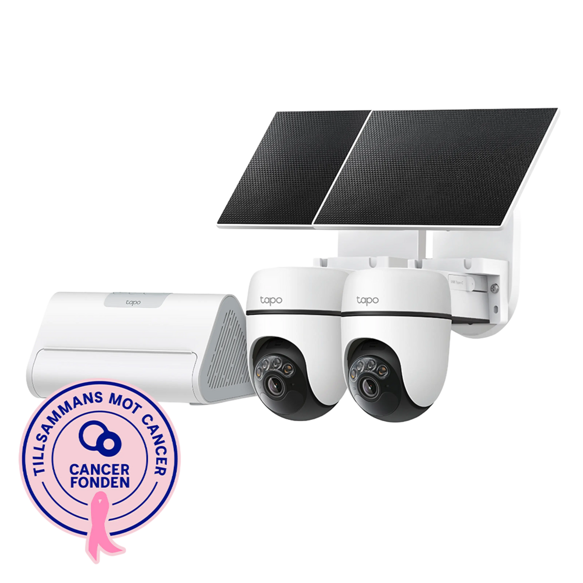 TP-Link Tapo HB112-kamerasæt med to solcelledrevne kameraer, H500-hub og Cancerfonden-flag til trådløs overvågning.