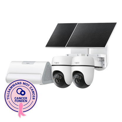TP-Link Tapo HB112-kamerasæt med to solcelledrevne kameraer, H500-hub og Cancerfonden-flag til trådløs overvågning.