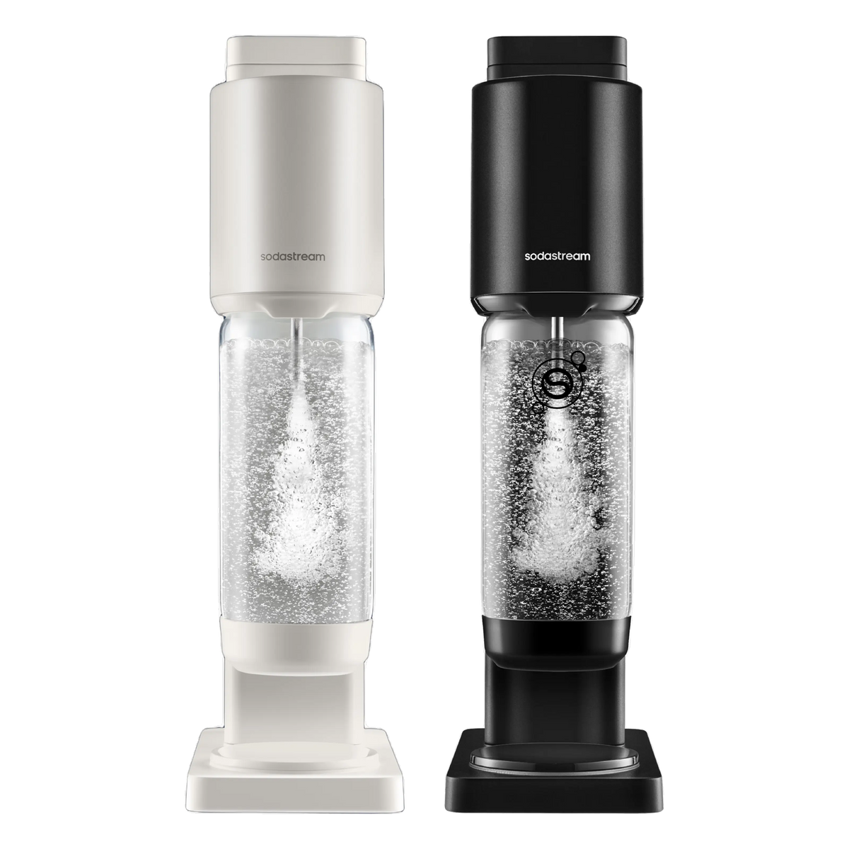 SodaStream Fresh sodavandsmaskiner i hvid og sort med monterede kulsyreflasker.