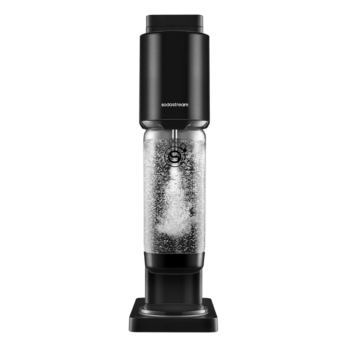 Sort SodaStream Fresh sodavandsmaskine med gennemsigtig flaske med danskvand, uden CO2-flaske.