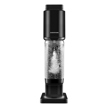 Sort SodaStream Fresh sodavandsmaskine med gennemsigtig flaske med danskvand, uden CO2-flaske.