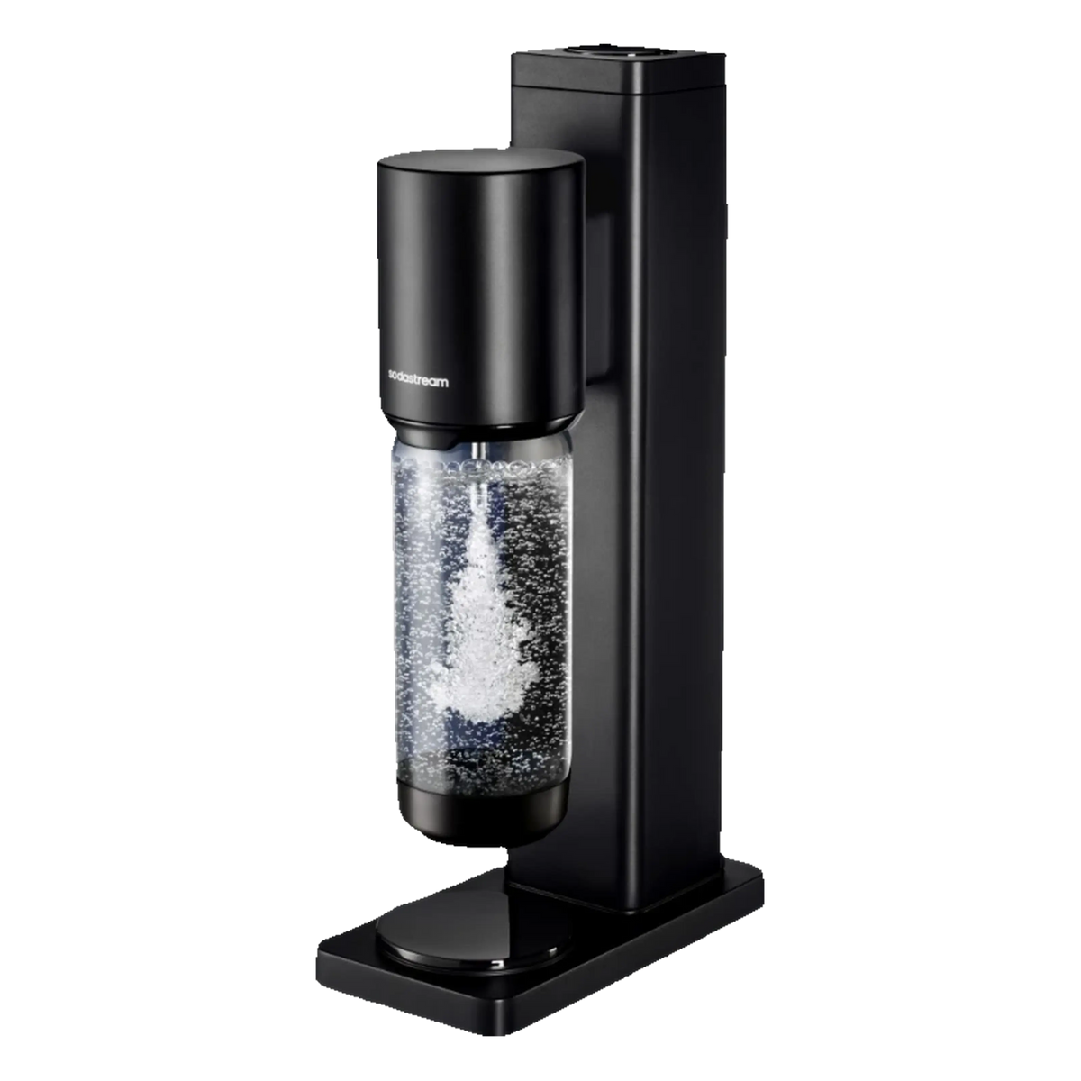 Sort SodaStream Fresh sodavandsmaskine med gennemsigtig flaske med danskvand, uden CO2-flaske.