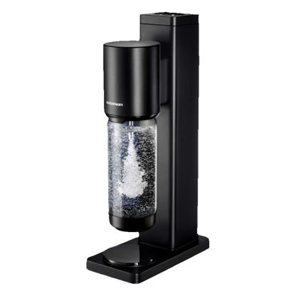 Sort SodaStream Fresh sodavandsmaskine med gennemsigtig flaske med danskvand, uden CO2-flaske.