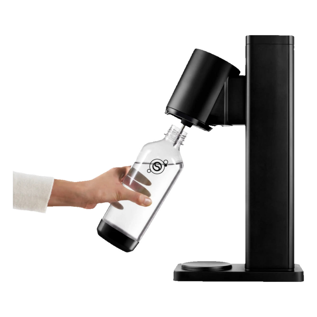 Håndholder til en gennemsigtig plastflaske i sort – SodaStream Fresh sodavandsmaskine uden CO₂-flaske.