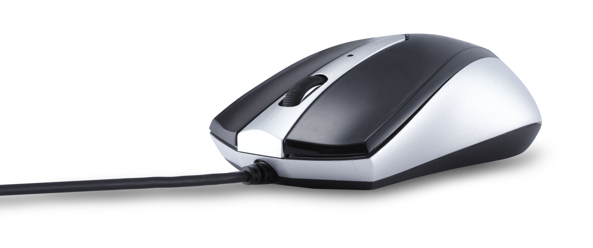 Plexgear E5 mellemstor computermus, sort/sølv, kablet med scrollhjul, optisk sensor og USB-stik.