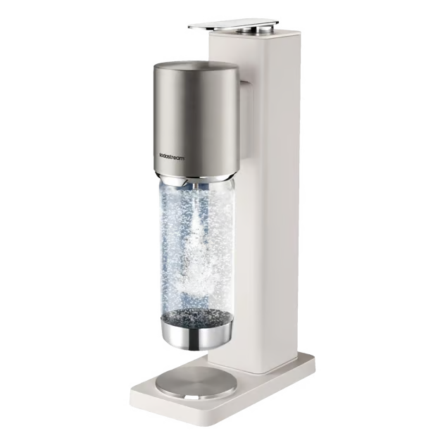 SodaStream Fresh Plus sodavandsmaskine i varm hvid med metaloverdel og monteret gennemsigtig flaske uden CO2-patron.