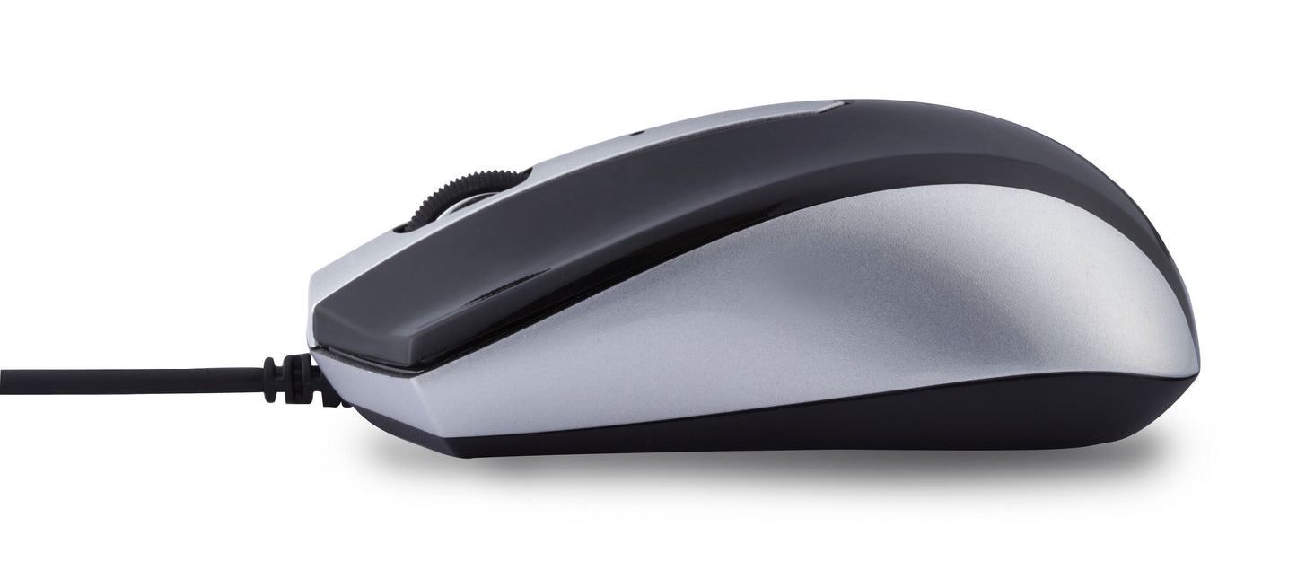 E5 sort mellemstor computermus med optisk sensor og USB-tilslutning set fra siden.