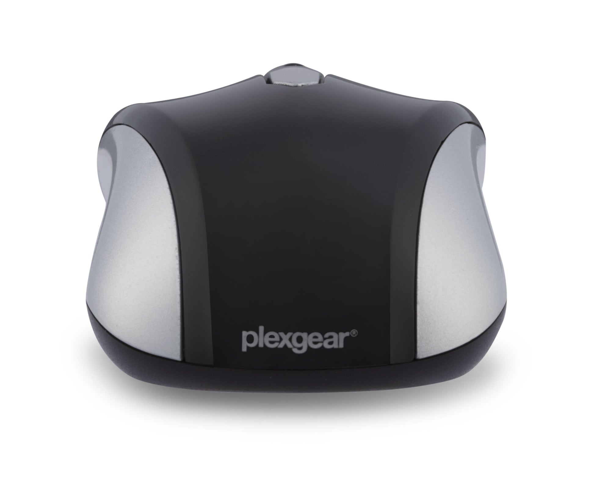 Plexgear E5 Mellemstor trådløs computermus, sort og sølv, optisk sensor, set forfra fra lav vinkel.