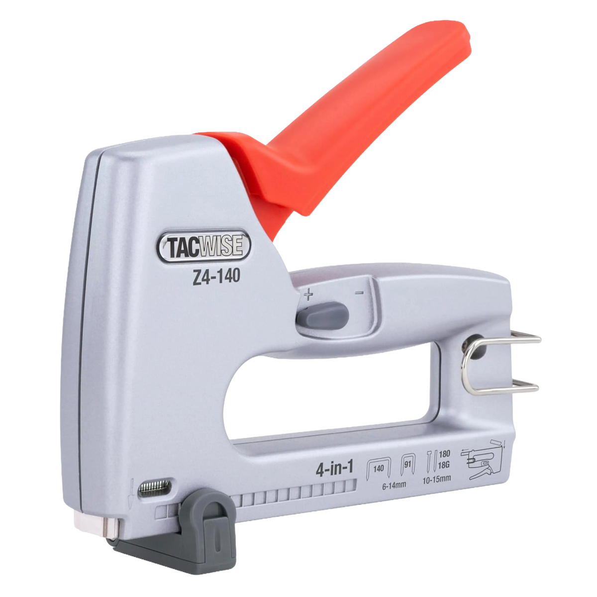 Tacwise Z4-140 4-i-1 hæftepistol i sølv med rødt håndtag og styrkejustering til hæfteklammer, søm og stifter.