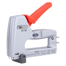 Tacwise Z4-140 4-i-1 hæftepistol i sølv med rødt håndtag og styrkejustering til hæfteklammer, søm og stifter.