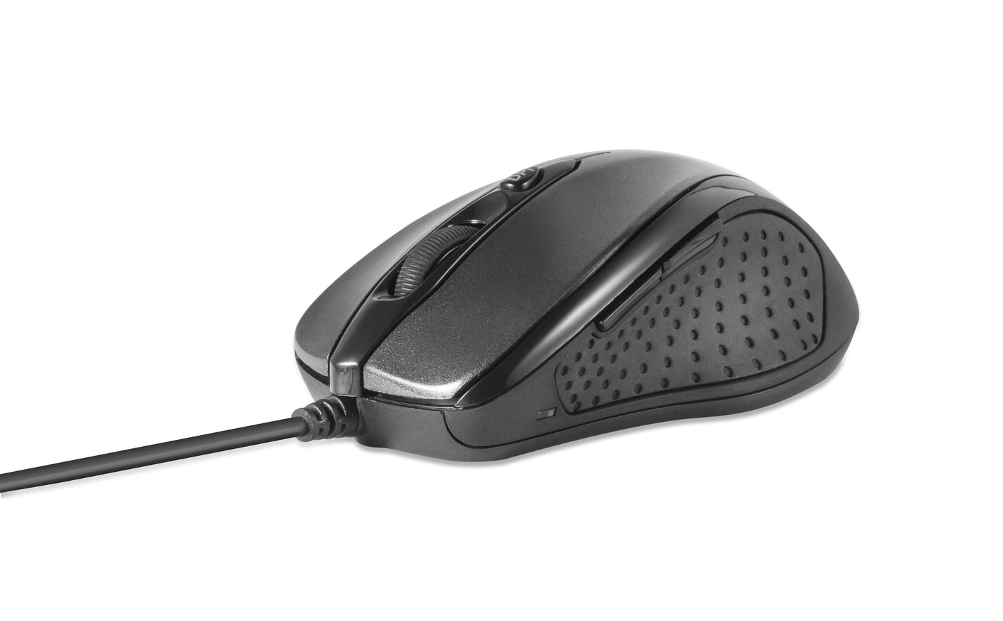 Plexgear MK103 sort kablet mus med USB, justerbar DPI, scrollhjul og tekstureret sidegreb.