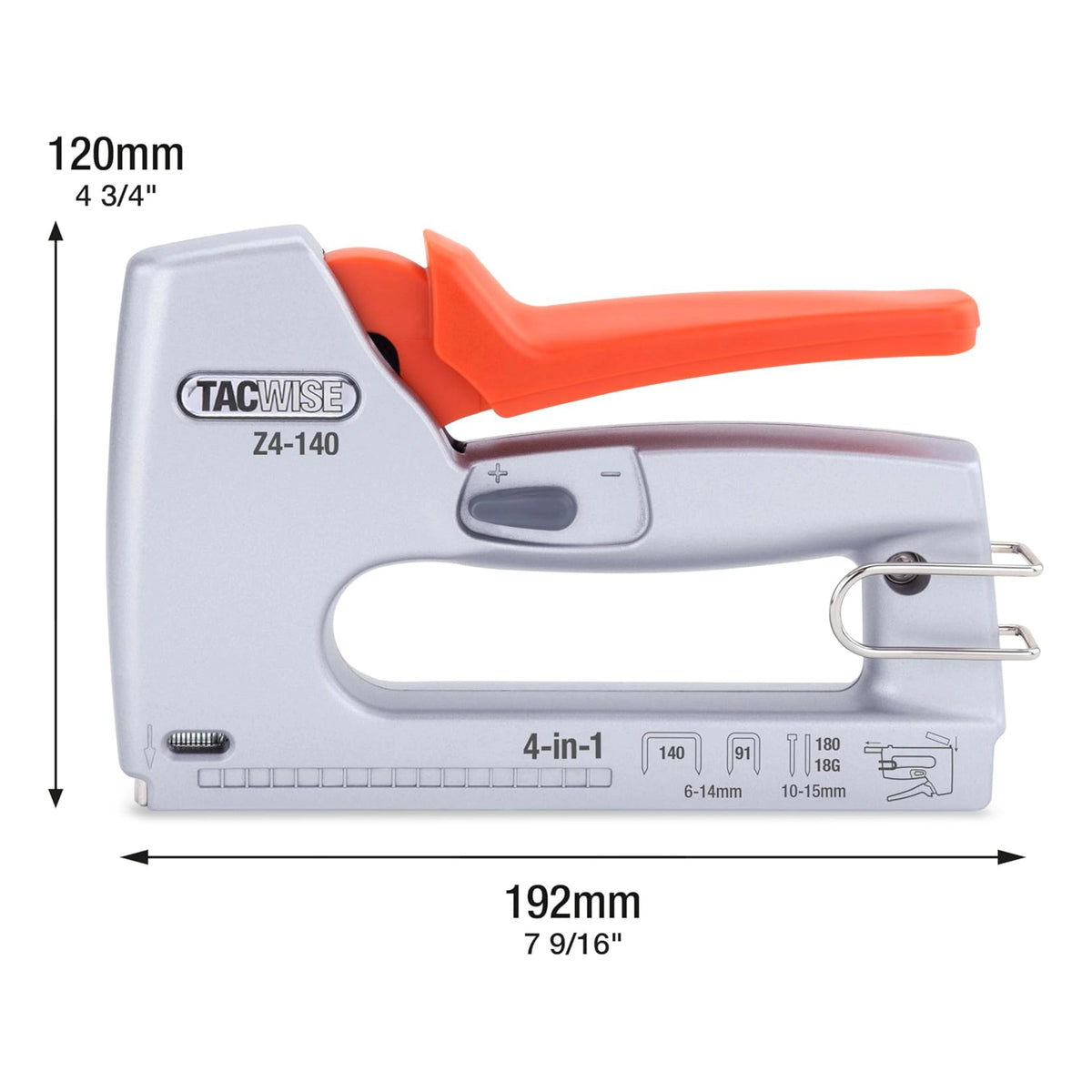 Tacwise Z4-140 4-i-1 hæftepistol i sølv med orange håndtag, 120 mm høj og 192 mm lang.