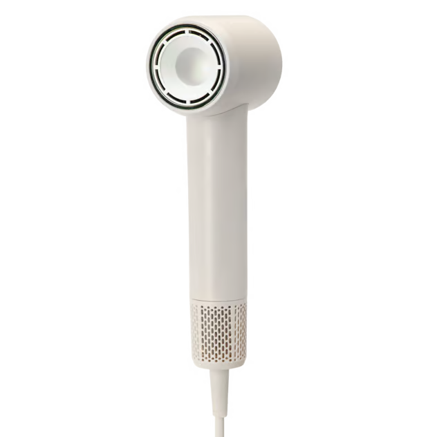 Kompakt, off-white højhastighedshårtørrer på 1100 W, 450 g, med cylindrisk hoved, perforeret bund og negativ ion-teknologi.
