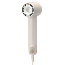 Kompakt, off-white højhastighedshårtørrer på 1100 W, 450 g, med cylindrisk hoved, perforeret bund og negativ ion-teknologi.