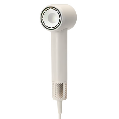 Kompakt, off-white højhastighedshårtørrer på 1100 W, 450 g, med cylindrisk hoved, perforeret bund og negativ ion-teknologi.