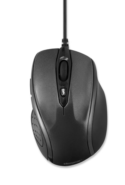 Plexgear MK103 mus med USB, scrollhjul og justerbar DPI-knap set oppefra.