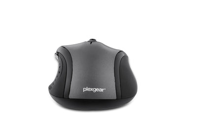 Plexgear MK103 mus sort/grå, frontvisning, synligt Plexgear-logo, justerbar DPI.