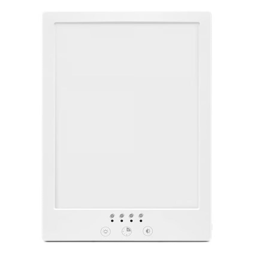 Rektangulær lysterapilampe på 12.000 lux med justerbar farvetemperatur, timer, fire indikatorlamper og tre berøringsknapper.