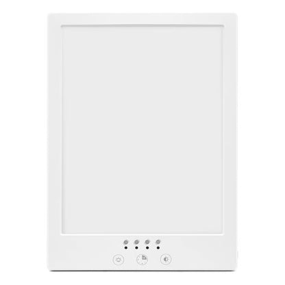 Rektangulær lysterapilampe på 12.000 lux med justerbar farvetemperatur, timer, fire indikatorlamper og tre berøringsknapper.