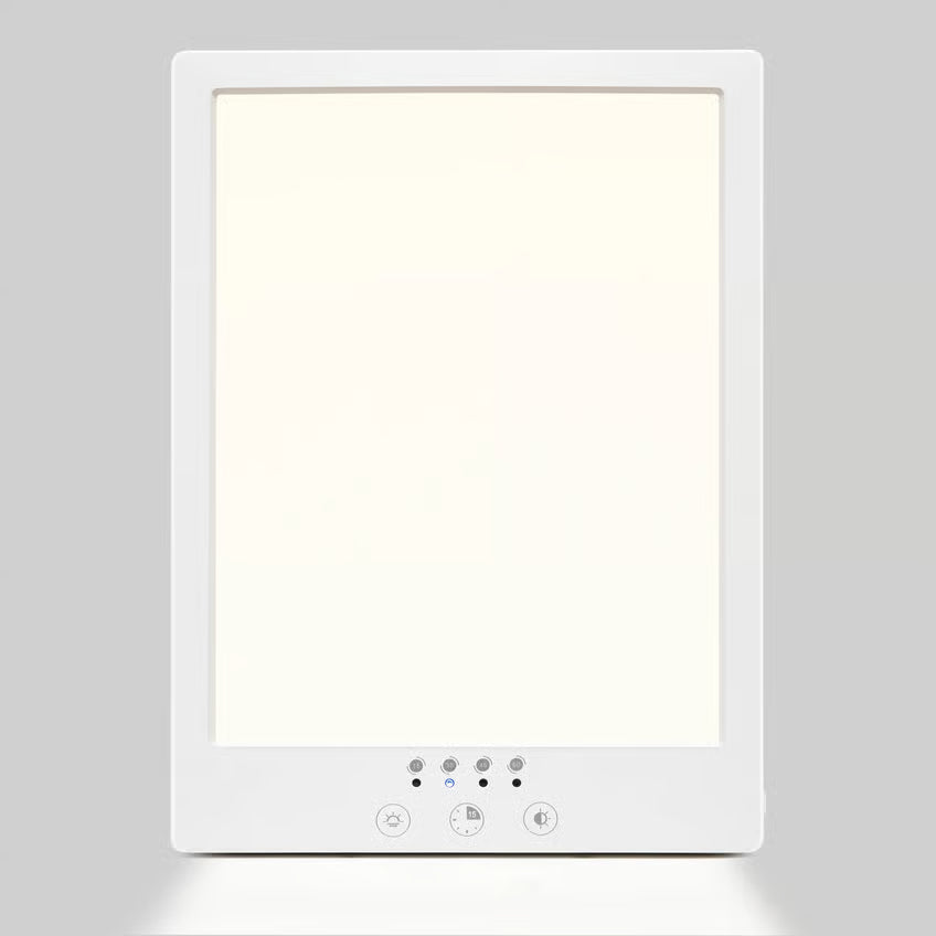Rektangulær lysbehandlingslampe på 12.000 lux med justerbar farvetemperatur og touch-panel til lysstyrke og timer.