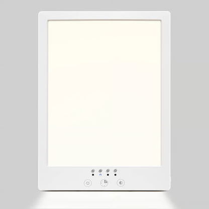 Rektangulær lysbehandlingslampe på 12.000 lux med justerbar farvetemperatur og touch-panel til lysstyrke og timer.