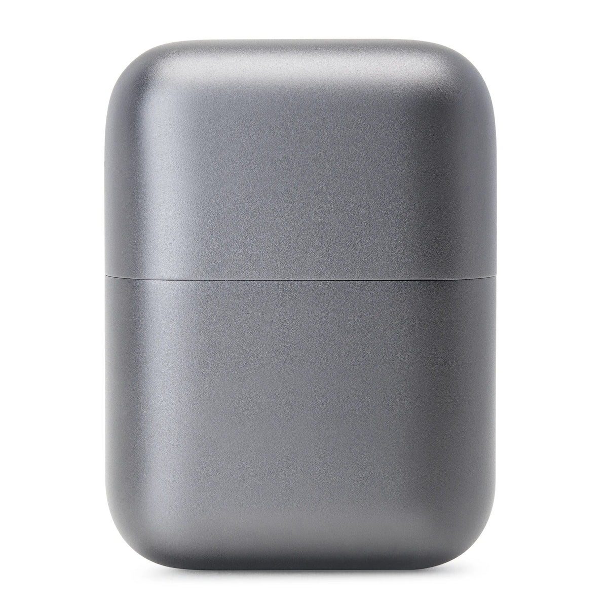 Mini-barbermaskine i metallisk grå, IPX7, 3 bevægelige skær, USB-C, kompakt rektangulært design med afrundede hjørner.