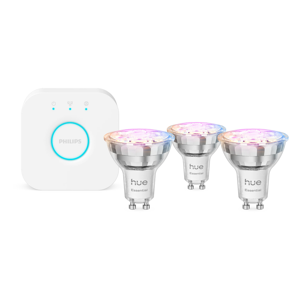 Philips Hue White and Color Ambiance-startpakke med 3 GU10-pærer og Bridge med blå lysende ring.
