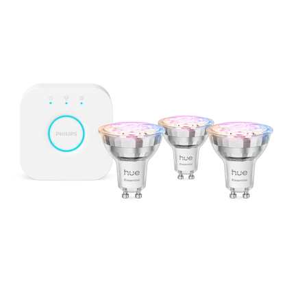 Philips Hue White and Color Ambiance-startpakke med 3 GU10-pærer og Bridge med blå lysende ring.