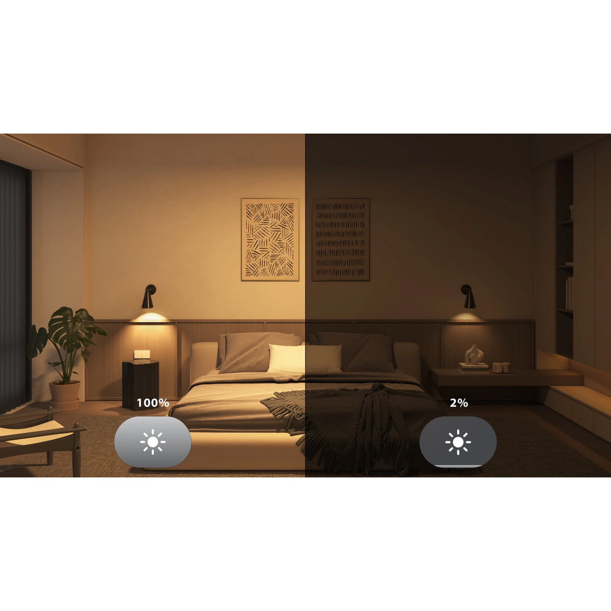 Philips Hue White and Color Ambiance-startpakke med 3 stk. GU10-pærer og Bridge, væglamper ved 100  og 2  lysstyrke i soveværelset.