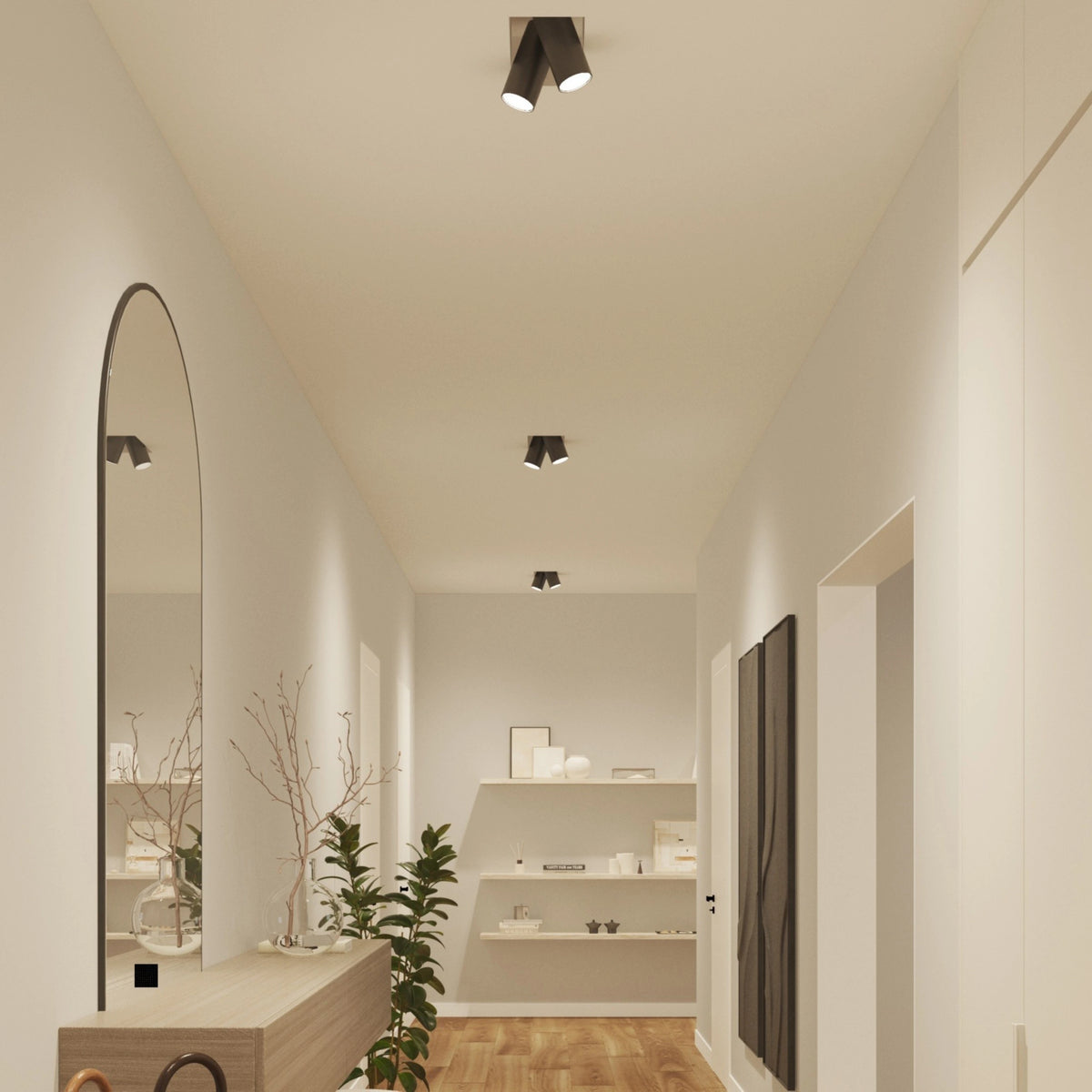 Tre sorte dobbelt-spots til loftet med Philips Hue White and Color Ambiance-startpakke, 3x GU10 og Bridge.