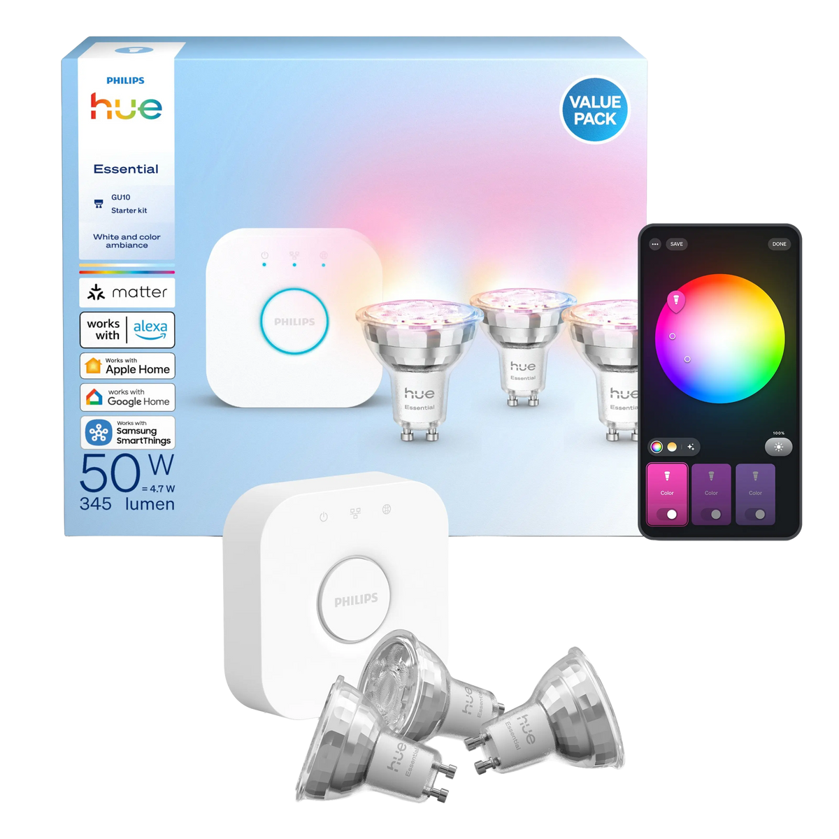 Philips Hue White and Color Ambiance-startpakke med tre GU10-pærer, bridge og app med farvehjul.