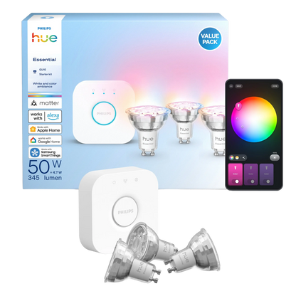Philips Hue White and Color Ambiance-startpakke med tre GU10-pærer, bridge og app med farvehjul.