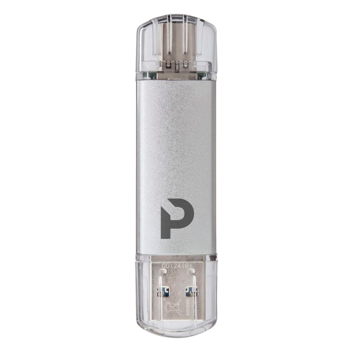 Plexgear USB-nøgle på 16 GB i sølv med USB-A- og USB-C-stik samt gennemsigtige beskyttelseskapper.
