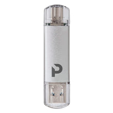 Sølvfarvet 32 GB Plexgear USB-nøgle med USB-A- og USB-C-stik, begge beskyttet af gennemsigtige plastkapper.