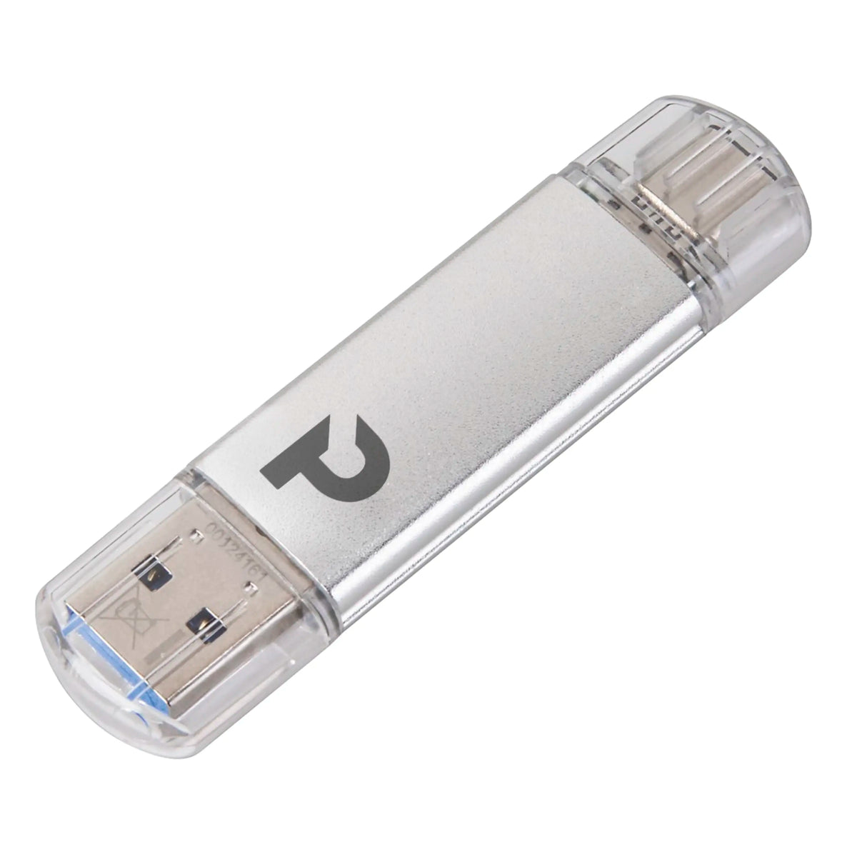 Sølvfarvet 32 GB Plexgear USB-stik med USB-A- og USB-C-stik i hver ende, beskyttet af gennemsigtige plastkapper.