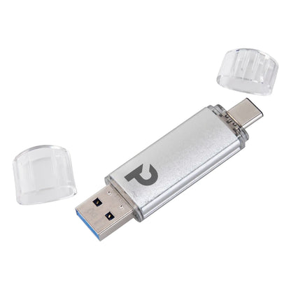 Plexgear USB-nøgle på 32 GB i sølv med USB-A- og USB-C-stik uden beskyttelseskapper.