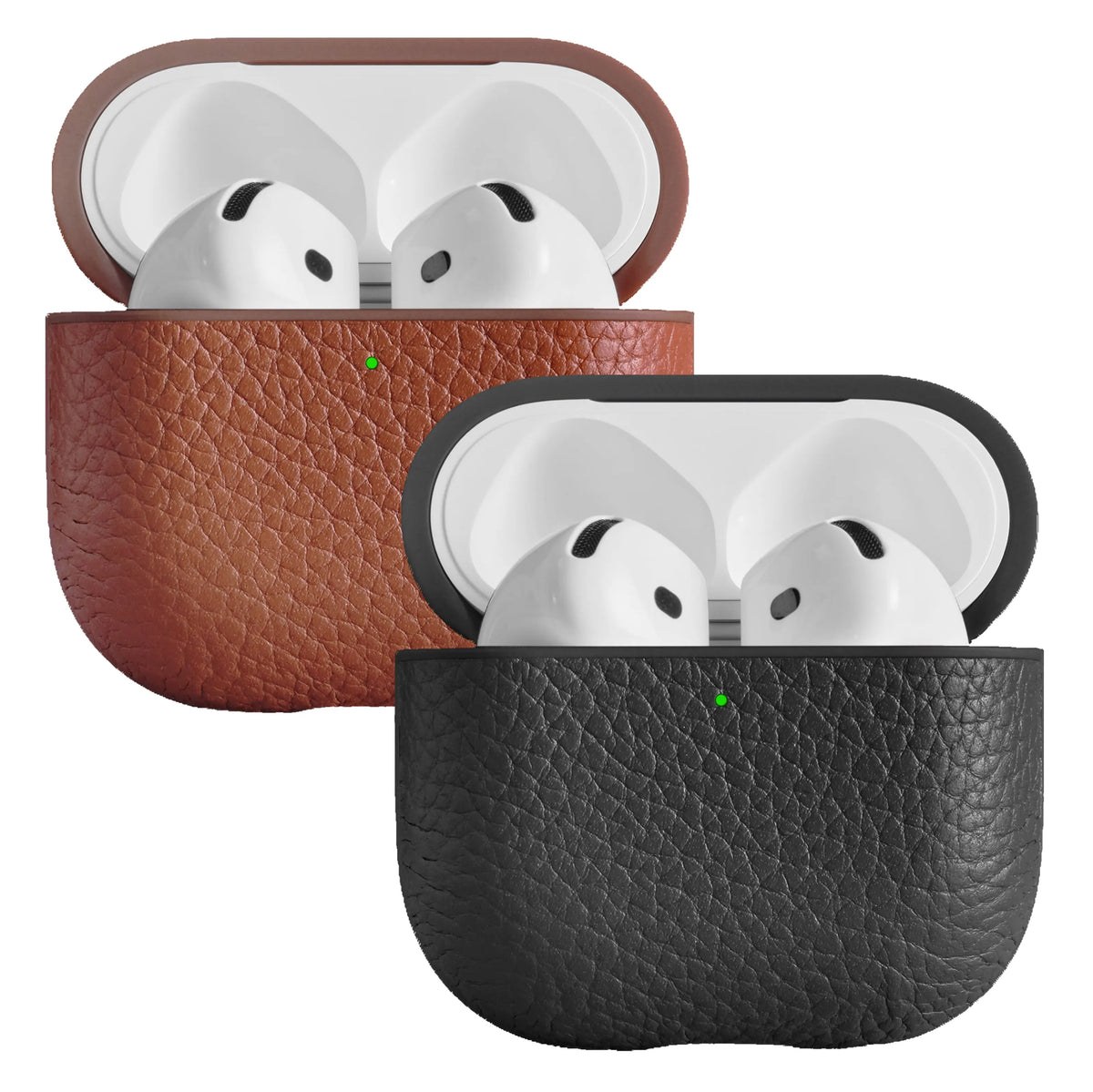 Woolnut læderetui til AirPods 5 i cognac og sort med hvide øretelefoner.