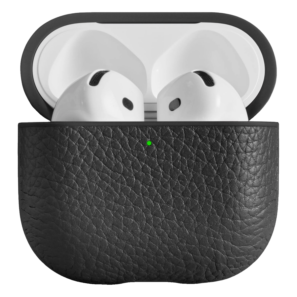 Woolnut læderetui til AirPods 5 i sort med AirPods indeni og grøn statuslampe.