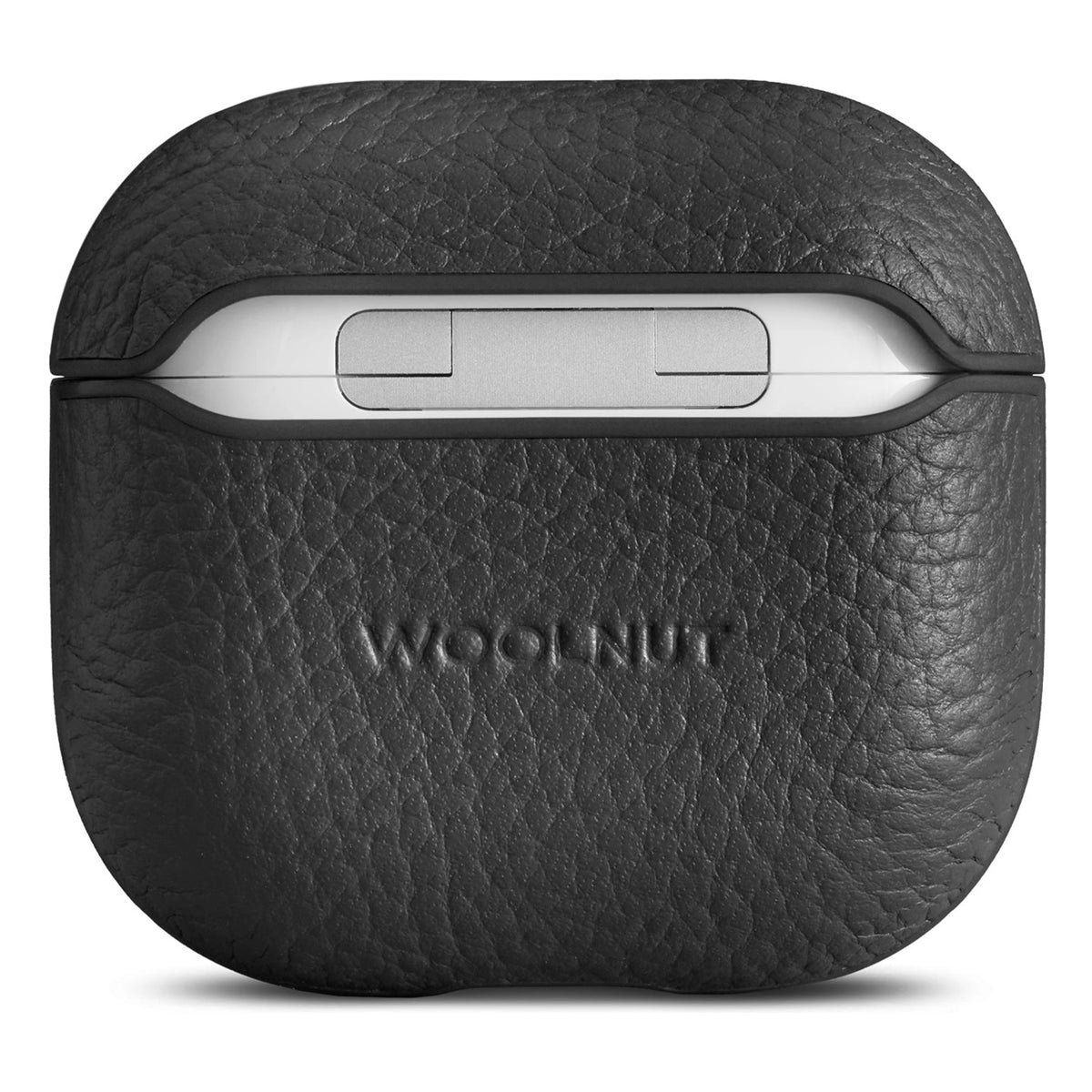 Woolnut læderetui til AirPods 5 i sort fuldkornet læder med sølvfarvet hængsel.