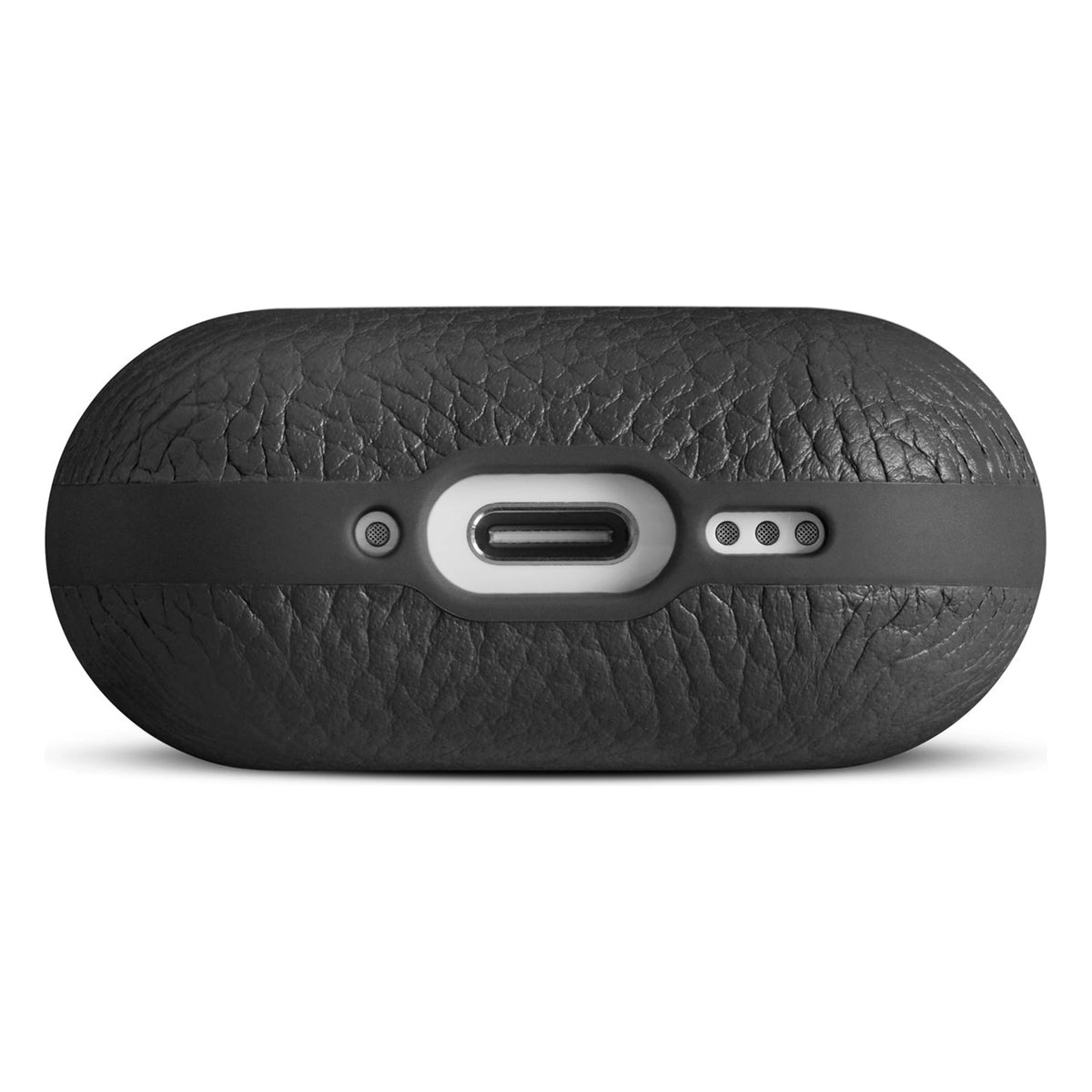 Woolnut læderetui til AirPods 5, sort, med udskæring til opladningsport og højttaler.