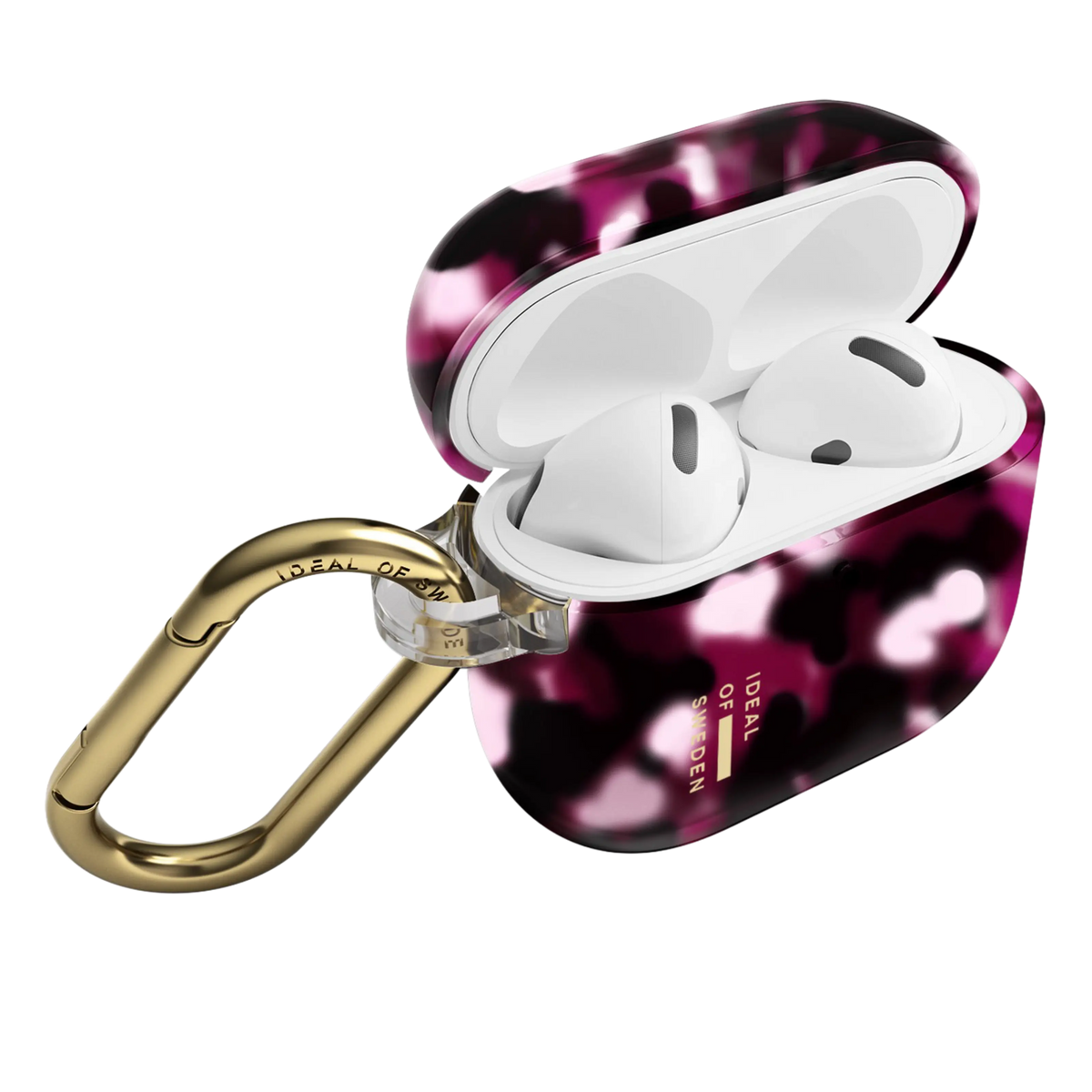 IDeal of Sweden gennemsigtigt etui til AirPods 4. generation, Cherry Crush med lilla og hvidt kirsebærmønster og guldfarvet karabinhage.