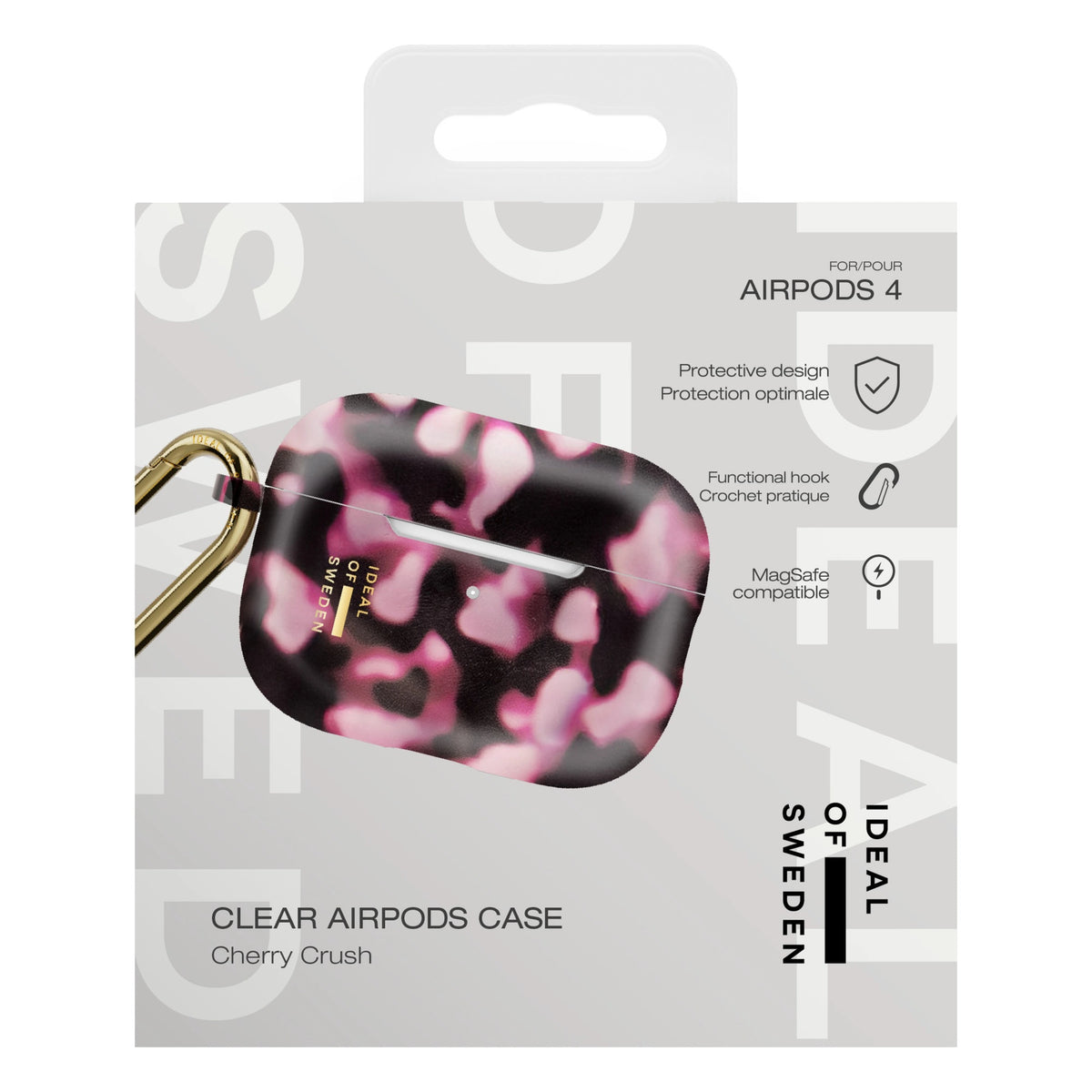 Gennemsigtigt etui til AirPods 4. generation, Cherry Crush, mønstret design og guldfarvet karabinhage, i emballage.