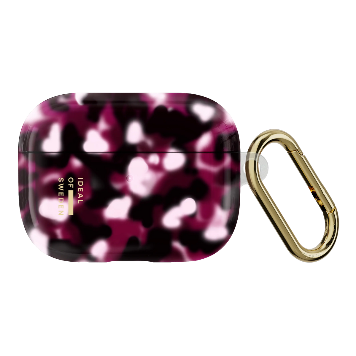 IDeal of Sweden gennemsigtigt etui til AirPods Pro 3, Cherry Crush, lilla og sort mønster med guldkarabinhage.
