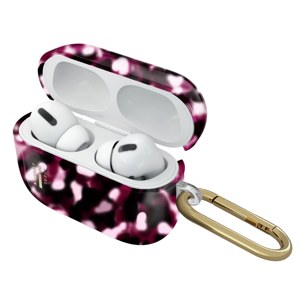 IDeal of Sweden Clear Case til AirPods Pro 3, Cherry Crush med lyserødt og sort kirsebærmønster og guldkarabinhage.
