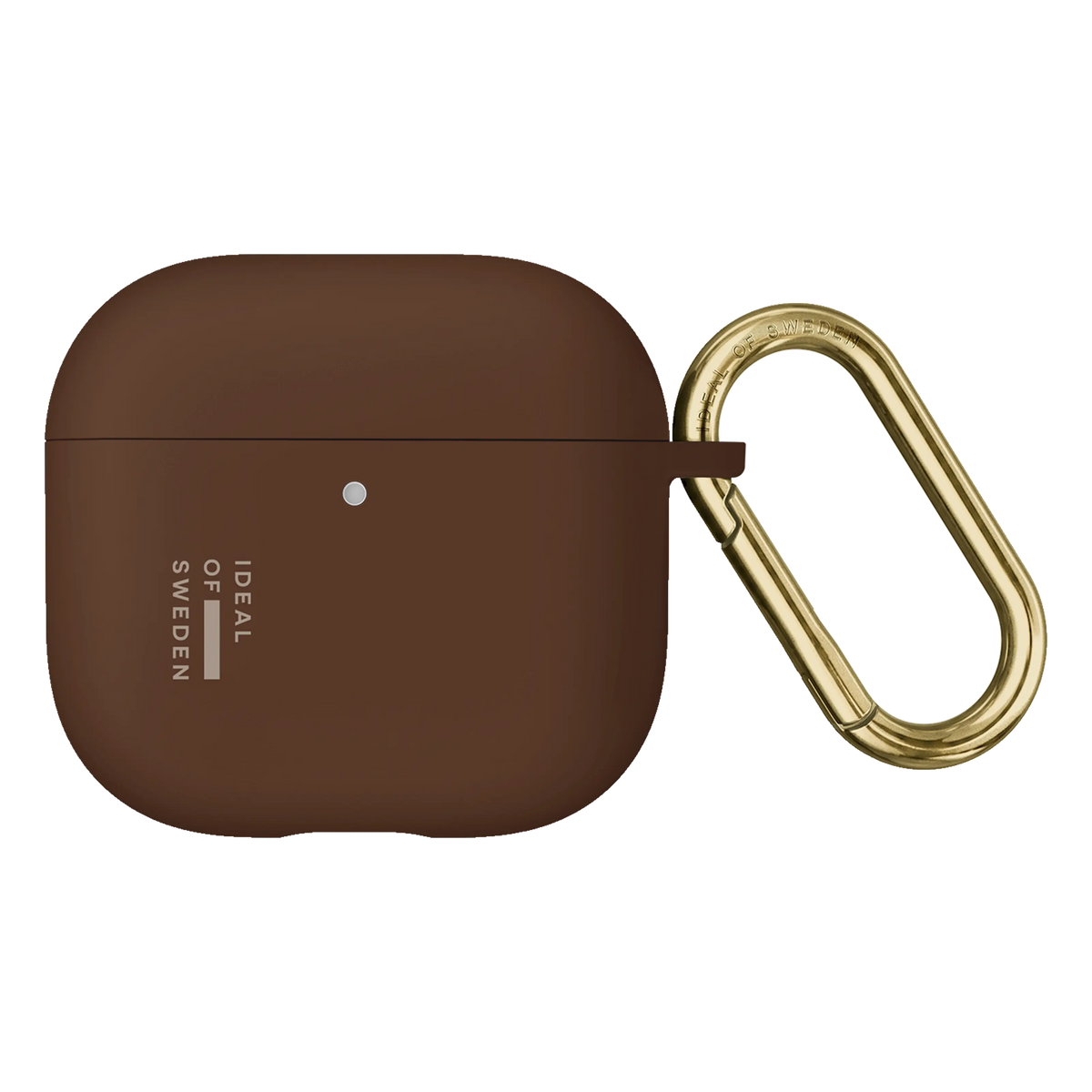 Brunt silikoneetui til AirPods Gen 4/5 i farven Mocha Mousse med guldfarvet metalkarabinhage.